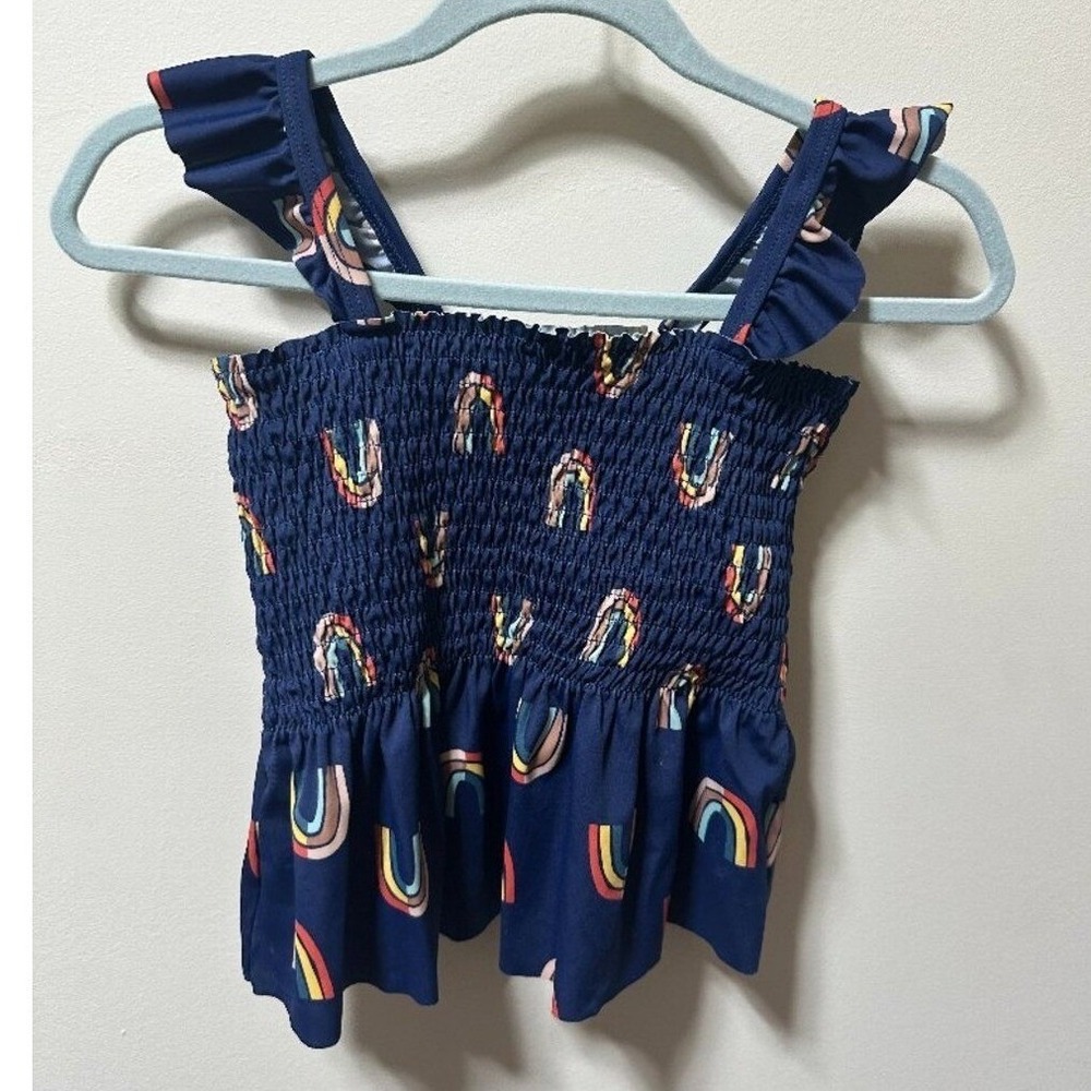 Hanna Andersson Navy Rainbow Ruffle sleeve Tankini Top size‎ 4